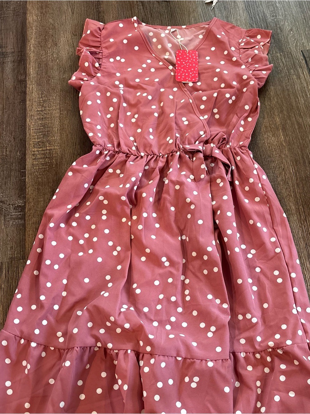 Womens Rose Pink Polka Dot Ruffle Sleeve Dress